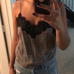 Plaid and lace tank with adjustable straps